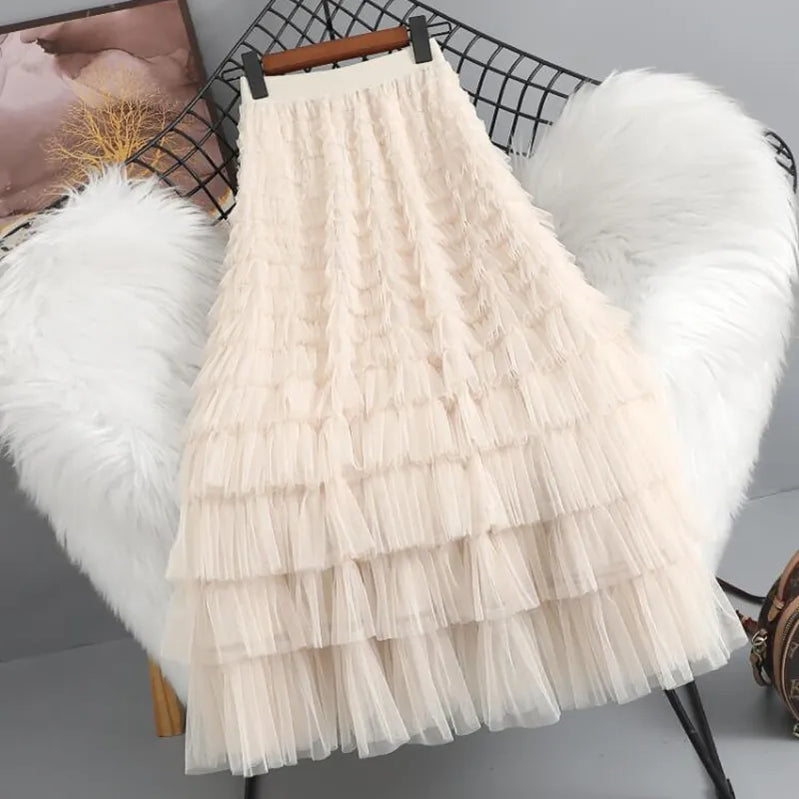 Spring Summer Women High Waist Slim Long Skirt Lolita Style Sweet Multilayered Mesh Patchwork Cake Skirt Beige One Size