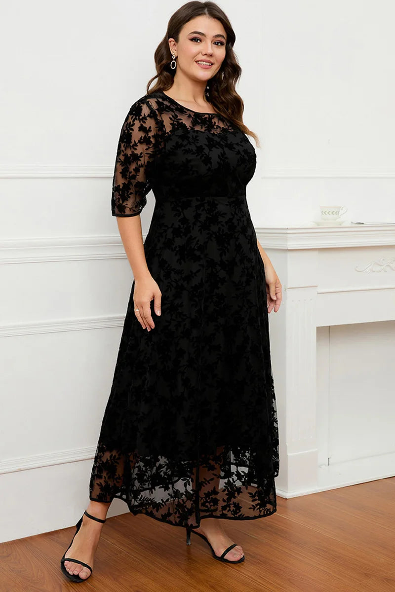 Women A-Line Dress Plus Size Lace Flocking Mesh Velvet Double Layer Tunic Embroidery Elegant Half Sleeve Spring Maxi Dress