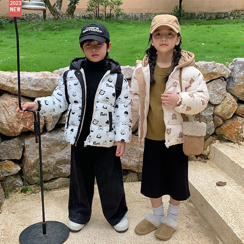 Winter Thickened Warm Hooded Jacket 1-7 Year Old Boys Girls Fashion Versatile Casual Printing Down Coat Children's Wear