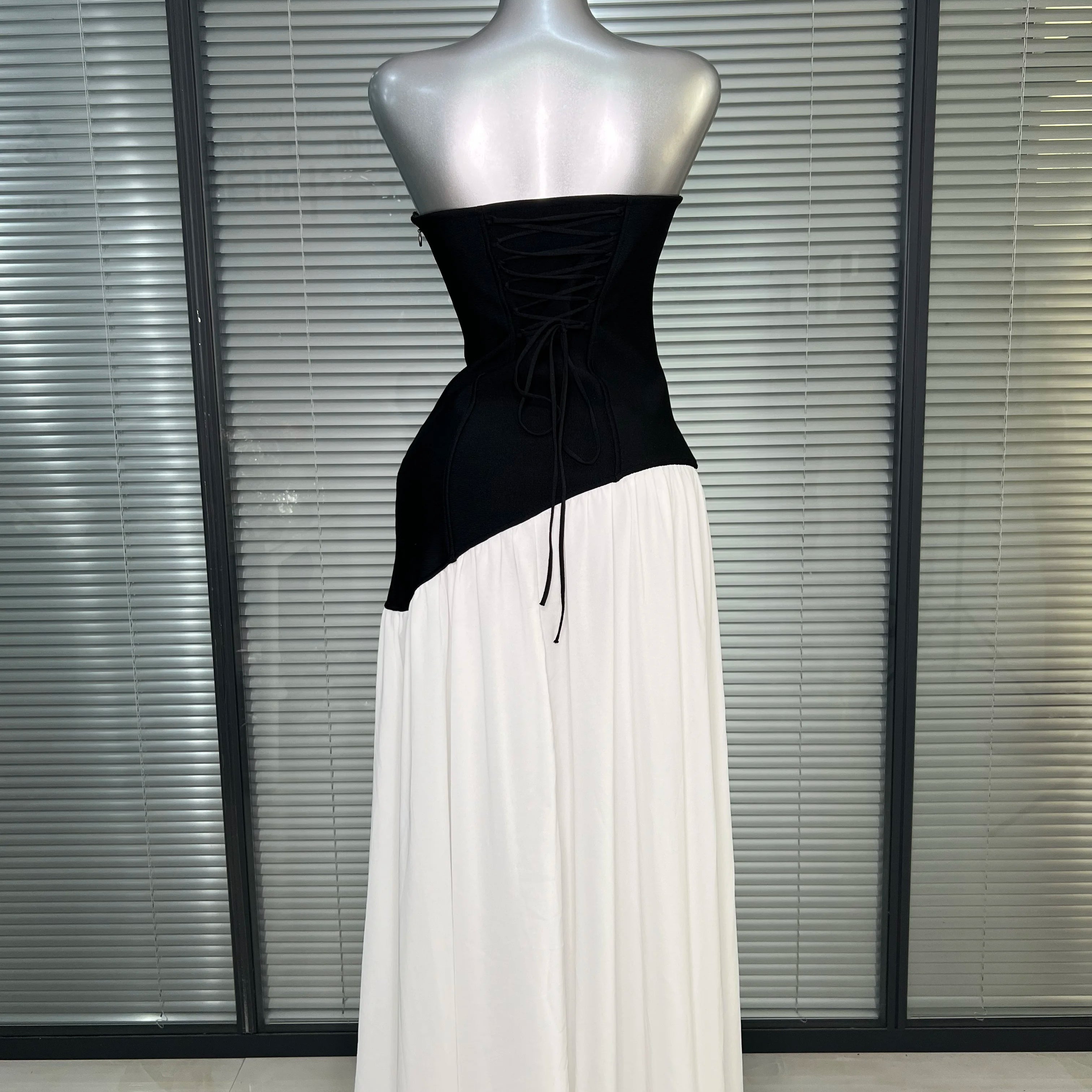 Brand New 2025 Women Sexy Strapless Bodycon Maxi Dress Patchwork High Street Evening Party Dress Vestido