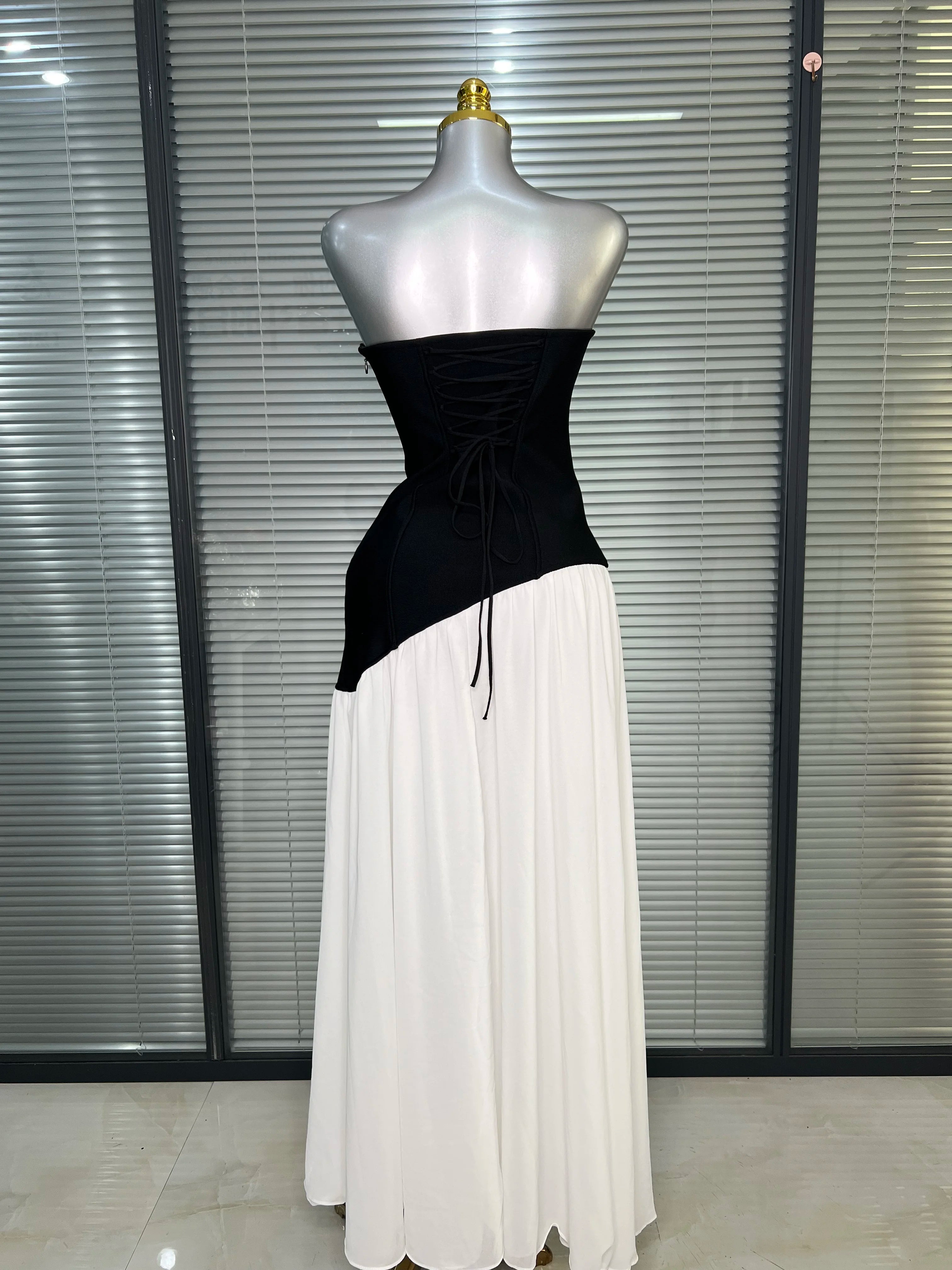 Brand New 2025 Women Sexy Strapless Bodycon Maxi Dress Patchwork High Street Evening Party Dress Vestido