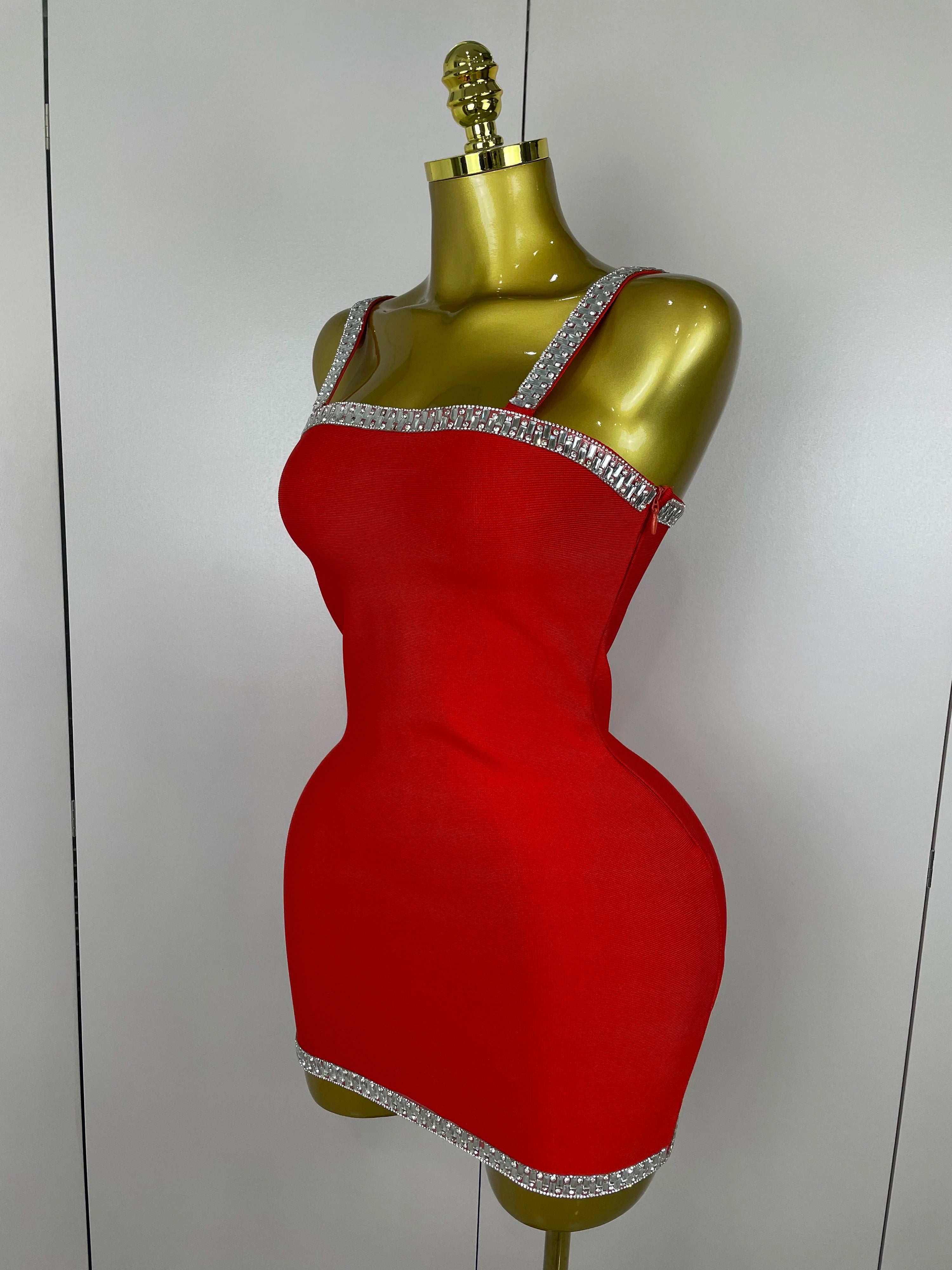 2025 Women Celebrity Luxury Sexy Summer Square Collar Red Crystal Mini Bandage Dress Knitted Elegant Evening Club Party Outfit