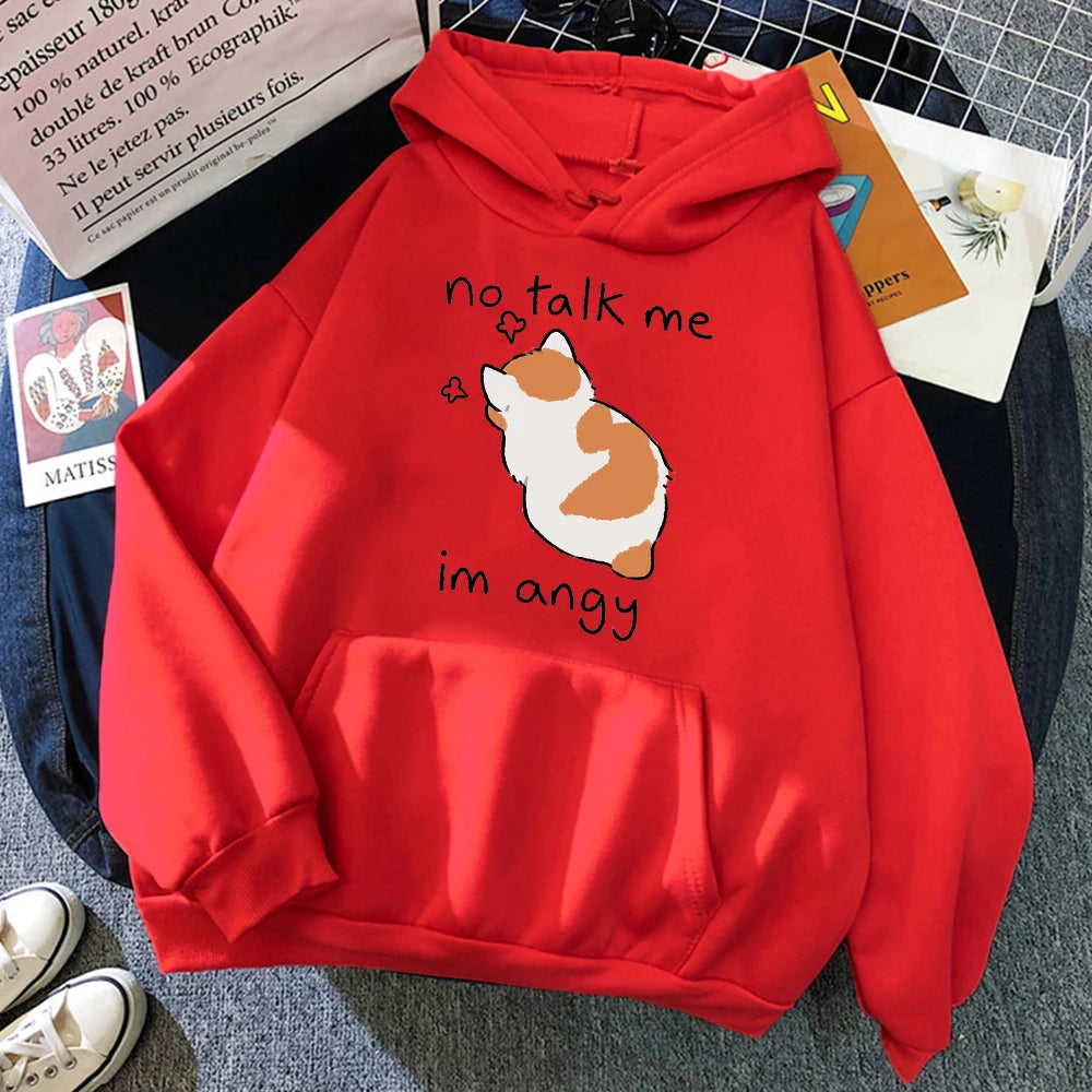 No Talk Me Cute Angry Cat Print Women Hoody Hip Hop Soft Sweatshirt Casual Fleece Sweatshirt Oversize Fleece Women Streetwear Red