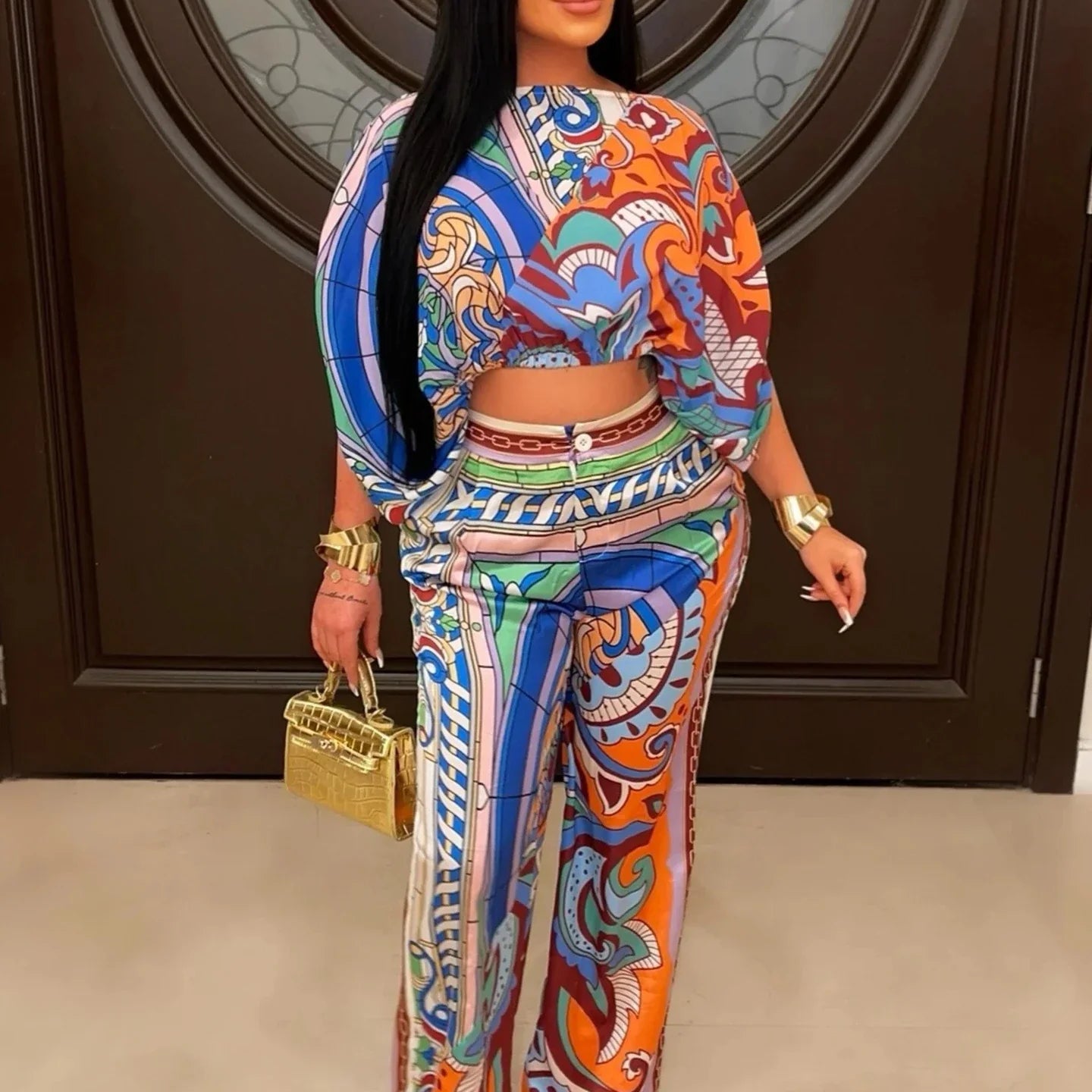 CM.YAYA Paisley Women's Set Batwing Sleeve Blouses and Wide Leg Pants 2024 Summer Spring Two 2 Piece Sets Outfits Tracksuit Mixed