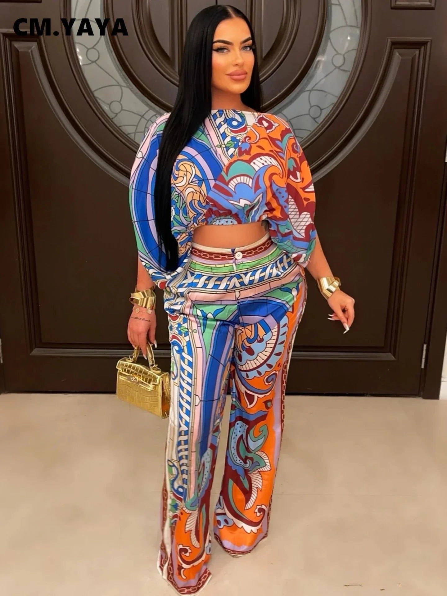 CM.YAYA Paisley Women's Set Batwing Sleeve Blouses and Wide Leg Pants 2024 Summer Spring Two 2 Piece Sets Outfits Tracksuit Mixed