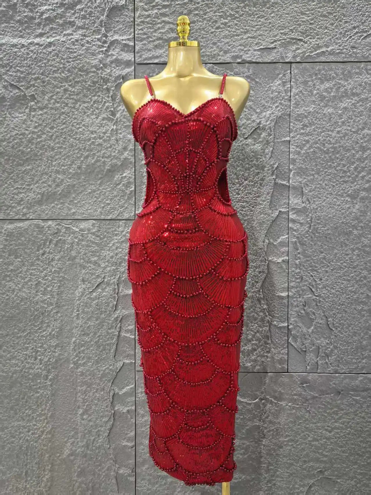 Red Color Women Sexy Sleeveless Pearl Beading Bodycon Mid-calf Dress Waist Hollow Out Celebrate Fashion Birthday Party Dress