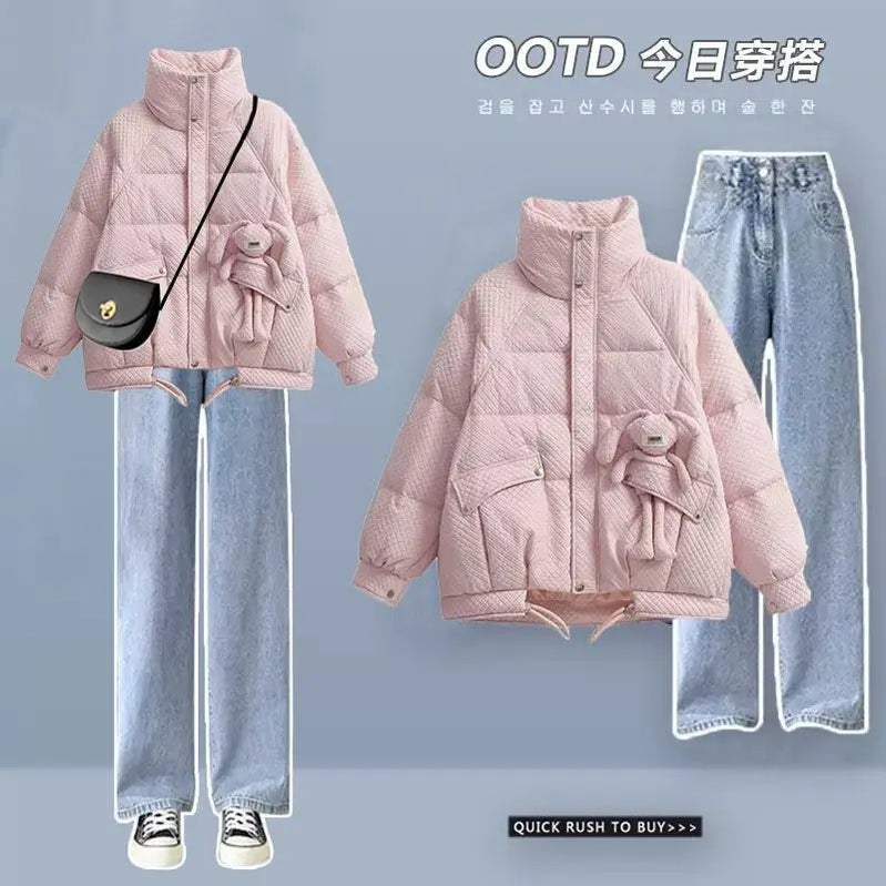 Korean Style Loose and Thickened Cotton Jacket Price Casual Wide Leg Pants Two-piece Elegant Women's Pants Set Winter Outfits pink set 01