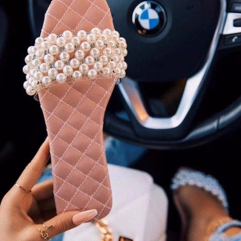 Spring and Summer Women's Pearl Rhinestones Women's All-match Casual Slippers Fashion Solid Flat Shoes Sandals