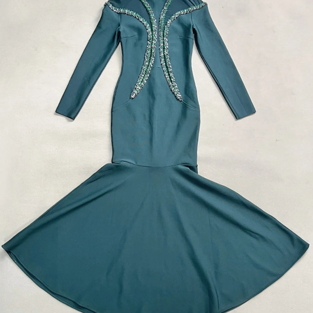 Newest Fashion 2025 Designer Party Vestido Women'S Diamonds Mesh Long Sleeves Bodycon Mermaid Long Maxi Dress