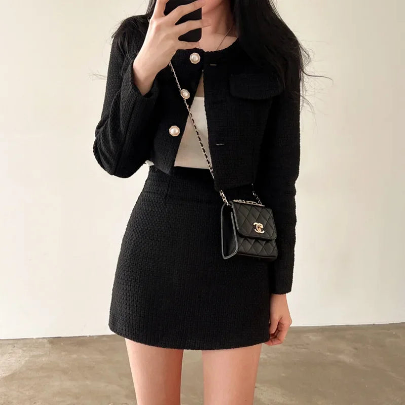 Spring New Single Breasted Tweed Jackets Coat + High Waist Mini Skirt 2 Piece Sets Women Outfit Elegant Luxury Office Suit