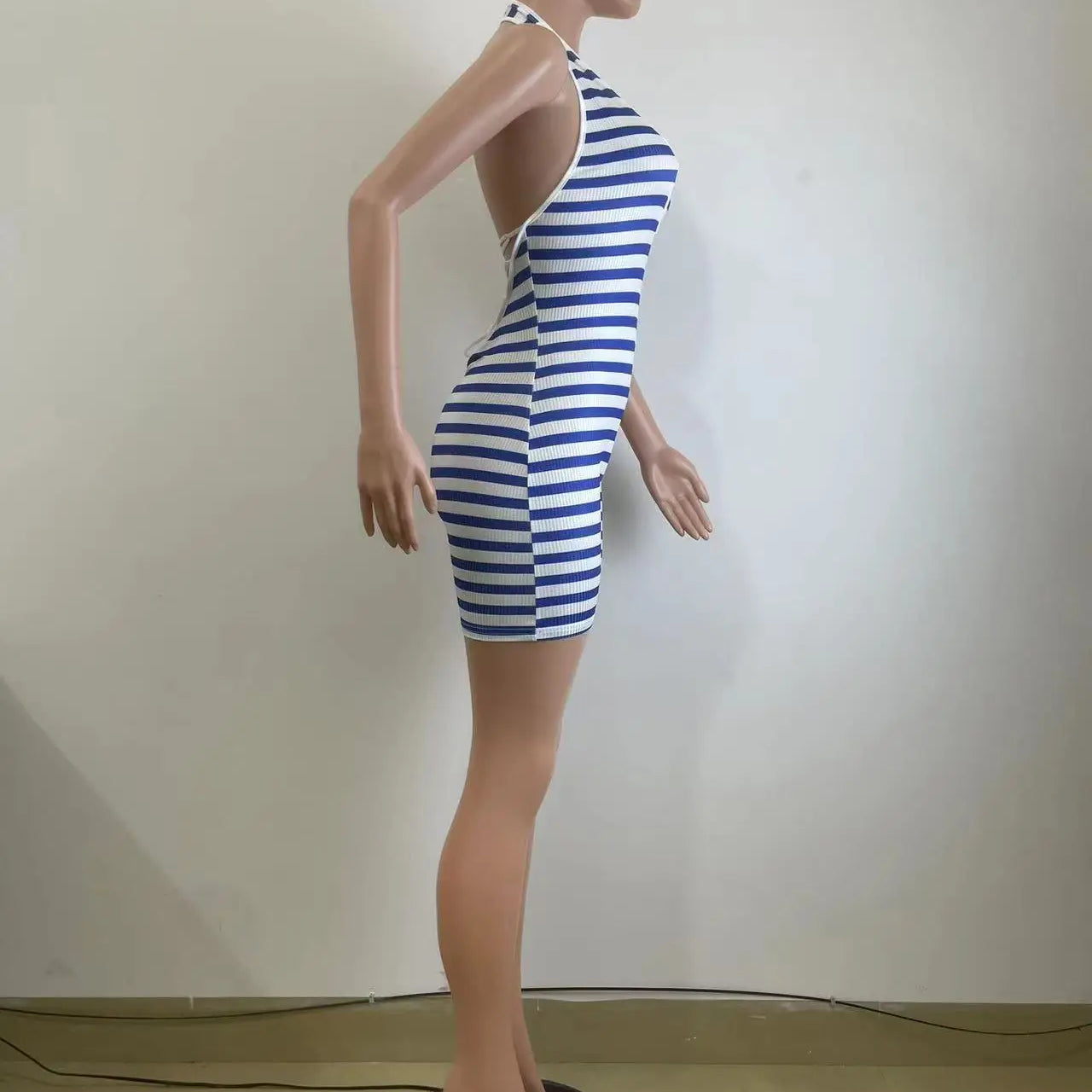 CM.YAYA Women Striped Sleeveless Halter Romper and Playsuit Backless Lace Up 2025 Summer Night Club Chic One Piece Suit Jumpsuit