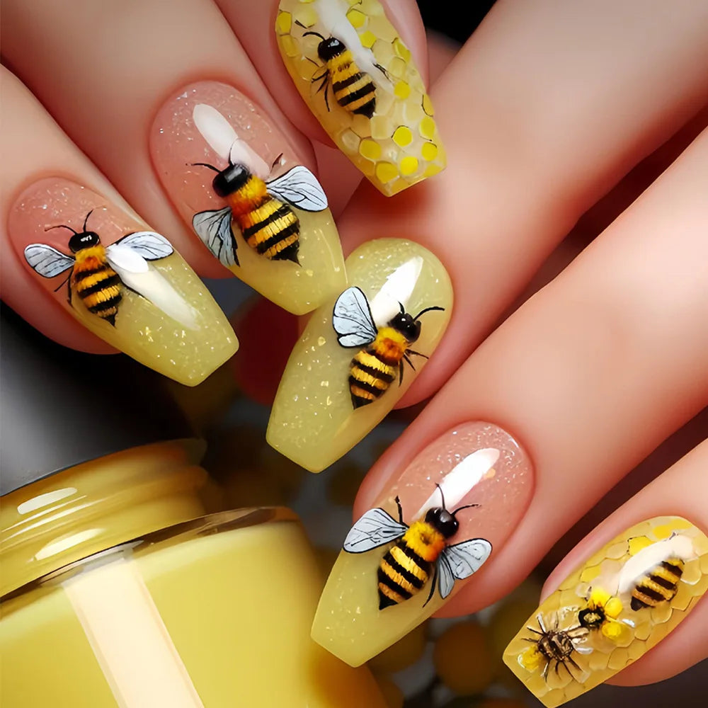 24pcs/set Medium Long fake nails for Spring summer beautiful flowers mushroom bees cute almond square tips press on false nails