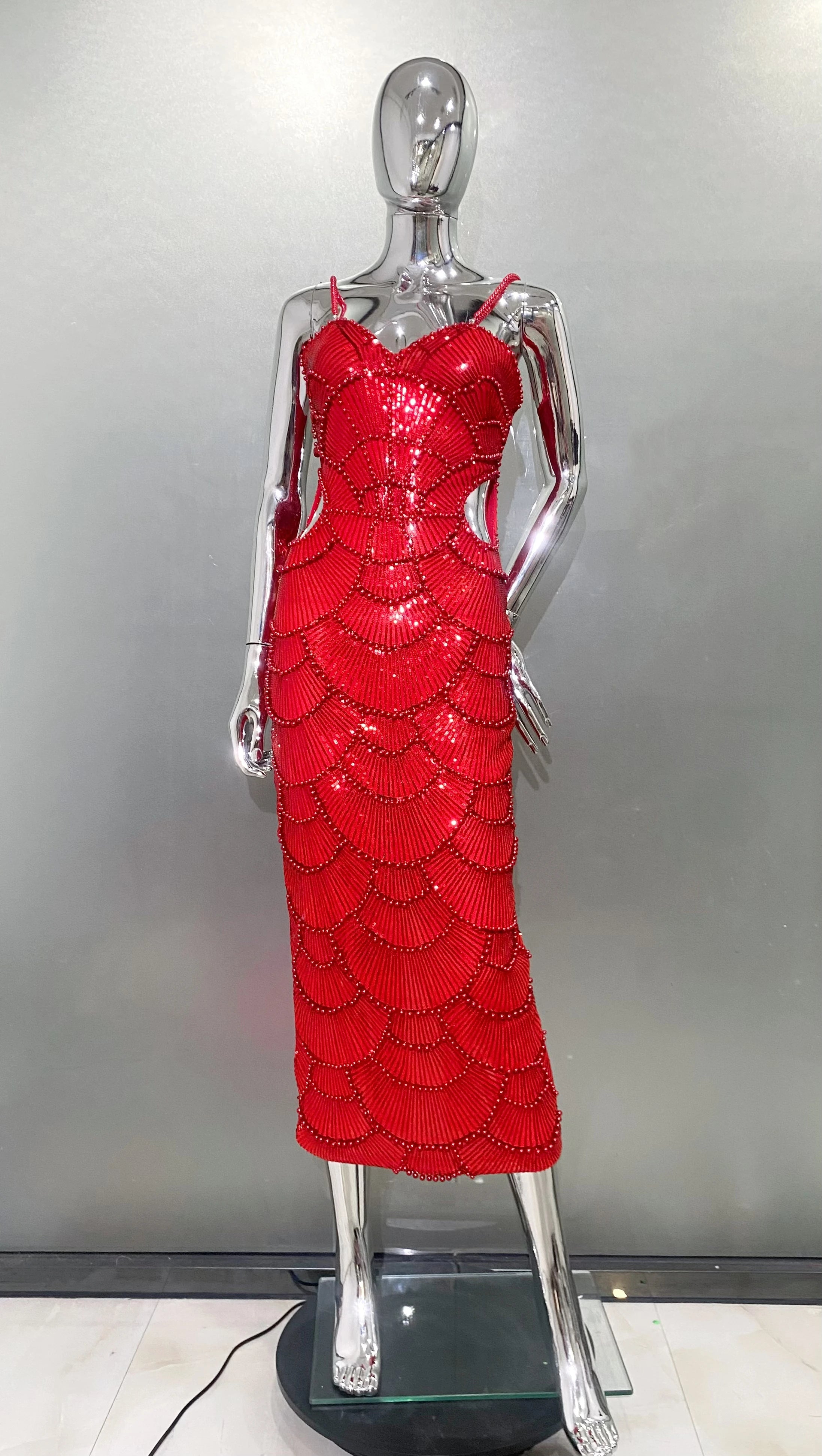 Red Color Women Sexy Strap Shinning Beading Sequins Bodycon Long Dress Celebrate Evening Party Cocktail Dress Wholesale