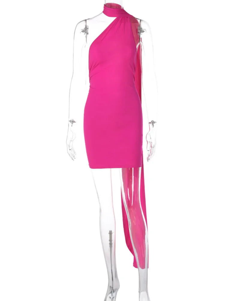 Backl Strap Halter Backless Sexy Mini Dress For Women Fashion Metal Ring Sleeveless Pleated Bodycon Party Dress