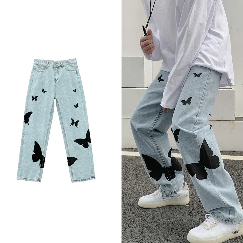 Loose Baggy Casual Denim Hip Hop Streetwear Straight Trousers Clothing Butterfly Print Women Jeans Pants Jeans Woman