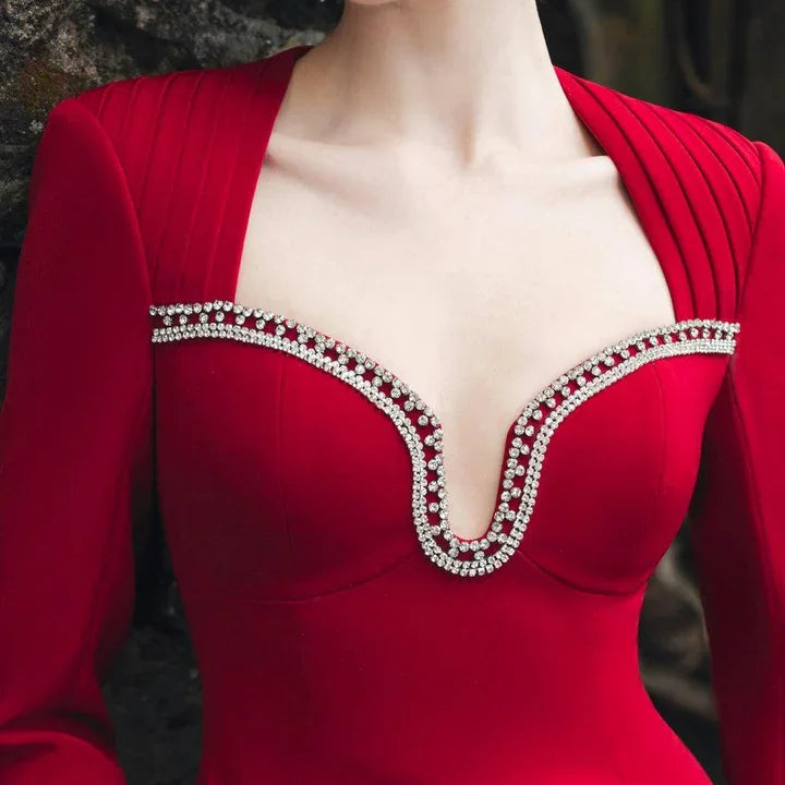 Style Women Long Sleeve Sexy Square Collar Shinning Diamond Bodycon Long Bandage Dress Elegant Evening Mermaid Outfit