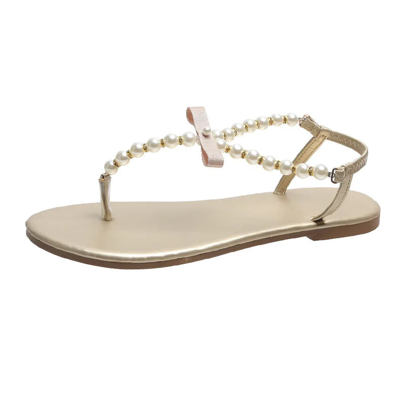 Summer Women's Sandals Fashion Outdoor Flat Beach Sandals Sexy Pearl Bow-knot Shoes Female Clip Toe Flip Flops Slides Champagne