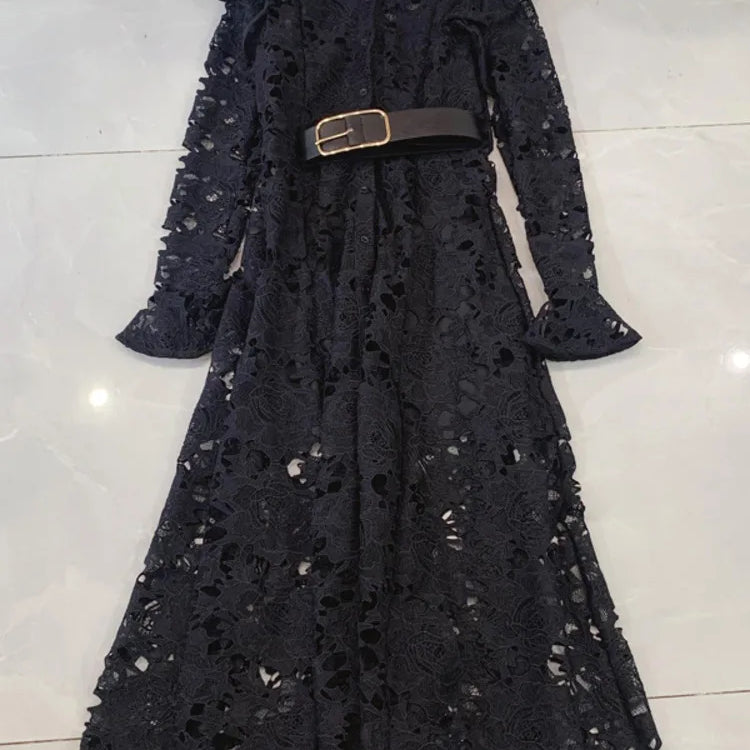 LGRQ Elegant High Quality Lace Embroidery Pattern Design Women's Dresses Evening Belt New Hollow Out Luxury Fashion 19F1371
