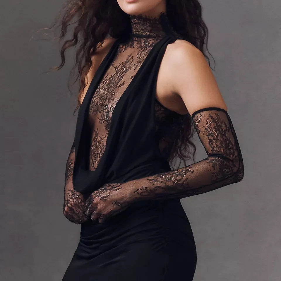 Women Black Color Women Sleeveless Off the Shoulder Lace Bodycon Long Dress Celebrate Evening Party Bar Club Wear