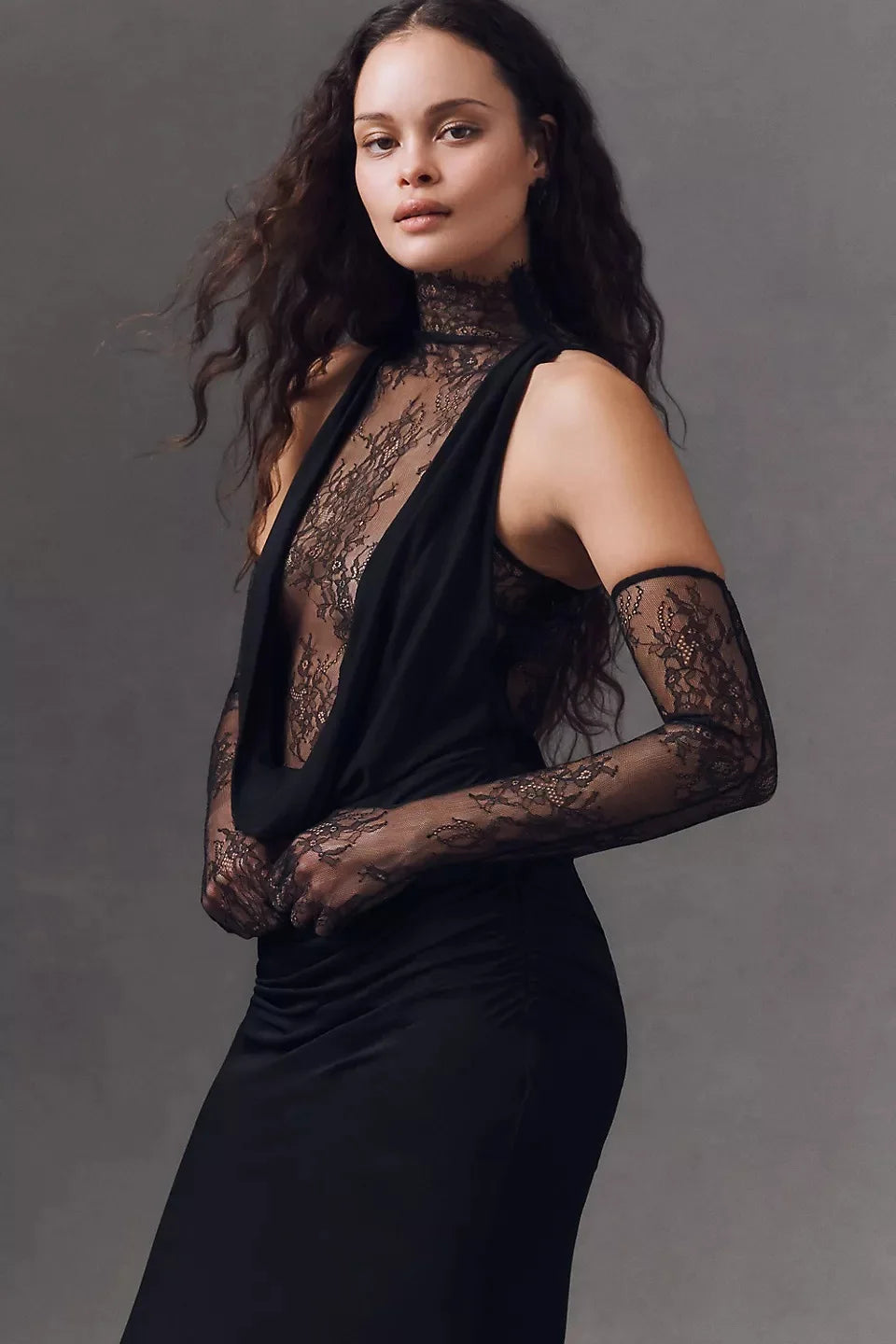 Women Black Color Women Sleeveless Off the Shoulder Lace Bodycon Long Dress Celebrate Evening Party Bar Club Wear