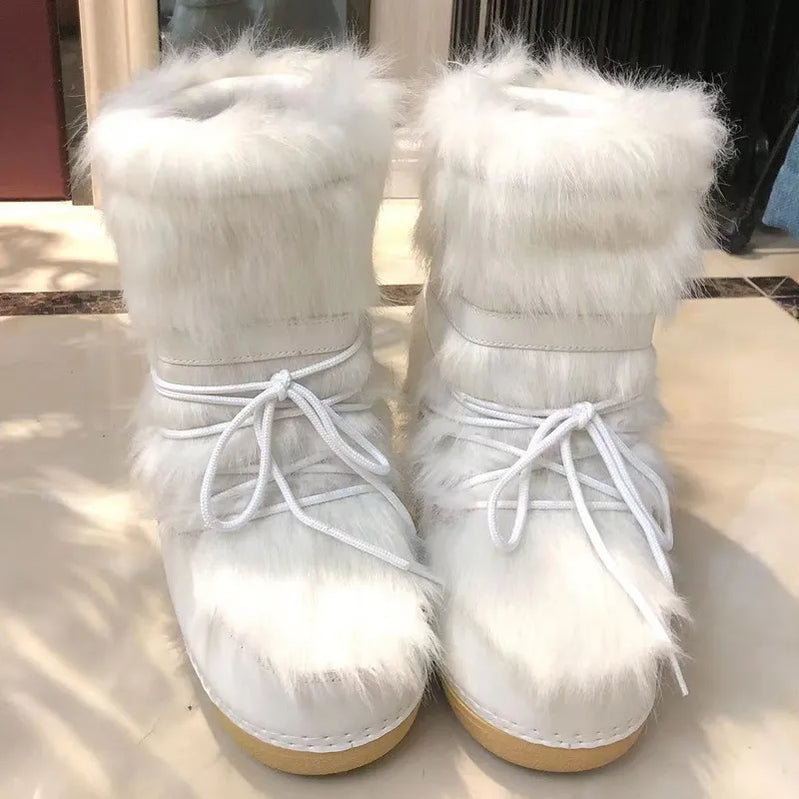 Winter Fur Boots Snow Boots Women Ski Boots Fluffy Hairy Lace Up Middle Calf Platform Flat With White Cotton Boots white full fur