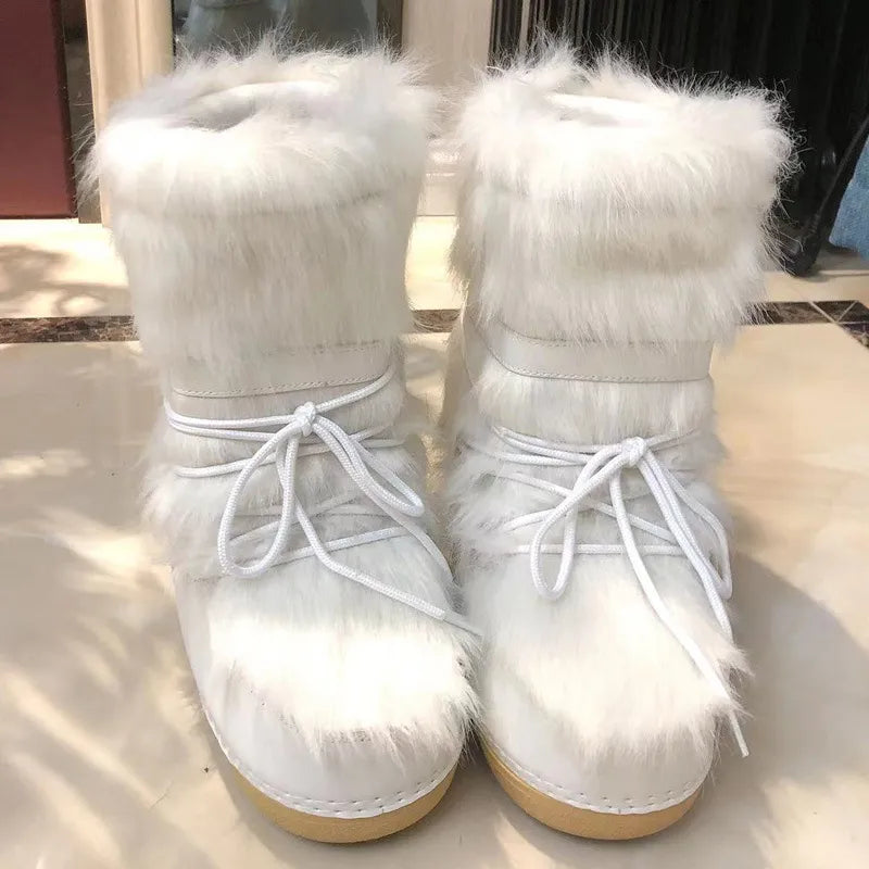 Winter Fur Boots Snow Boots Women Ski Boots Fluffy Hairy Lace Up Middle Calf Platform Flat With White Cotton Boots white full fur