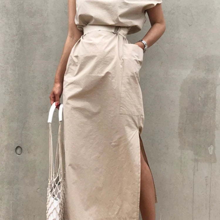 TWOTWINSTYLE Asymmetrical Sashes Dress For Women Slash Neck Short Sleeve High Waist Casual Dresses Female Fashion New Clothing