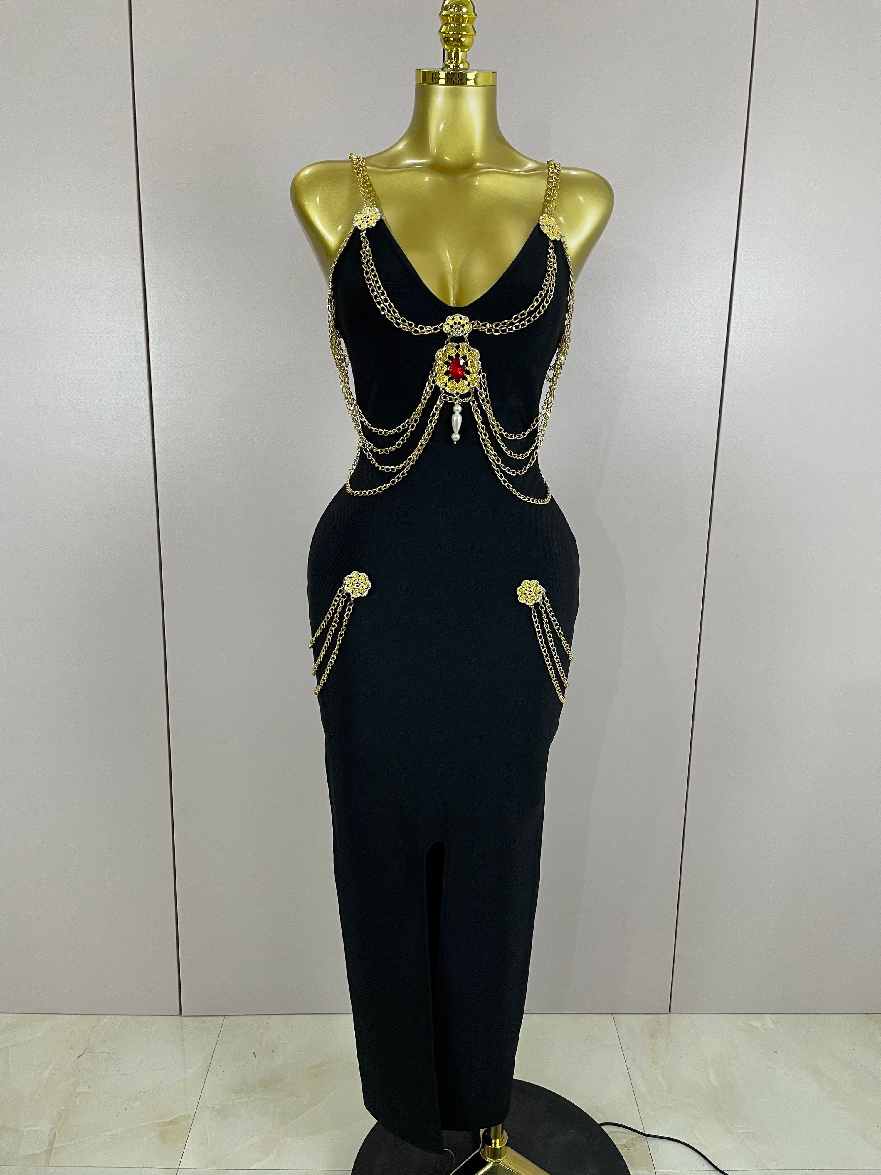 2025New High Quality New Black Chain Spaghetti Strap V-Neck Split Bandage Dress Bodycon Celebrity Club Party Long Dress Vestidos