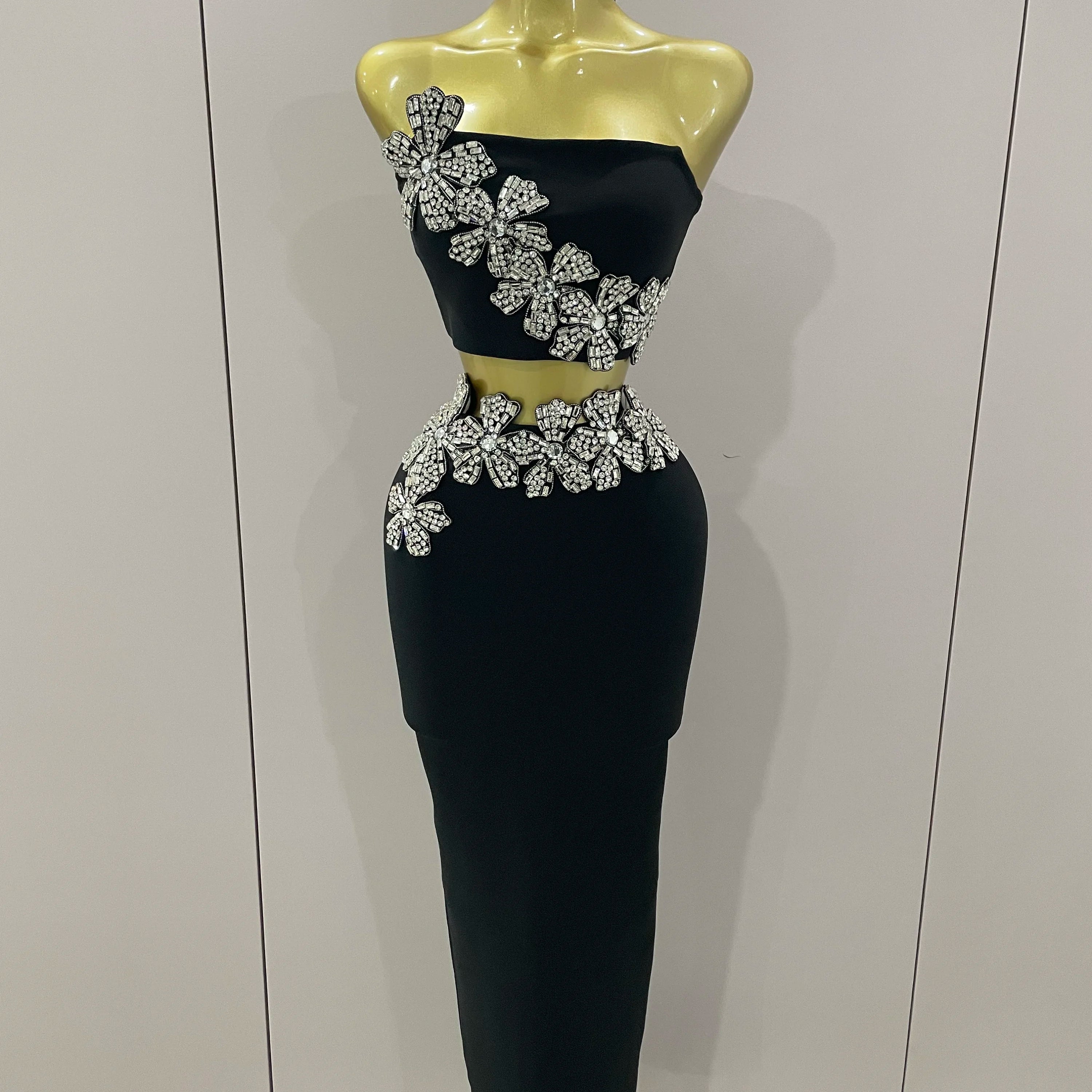 Sexy Strapless Flower Diamonds Black Maxi Long Bandage Two Piece Set 2025 Women Knitted Elegant Evening Club Party Prom Gowns