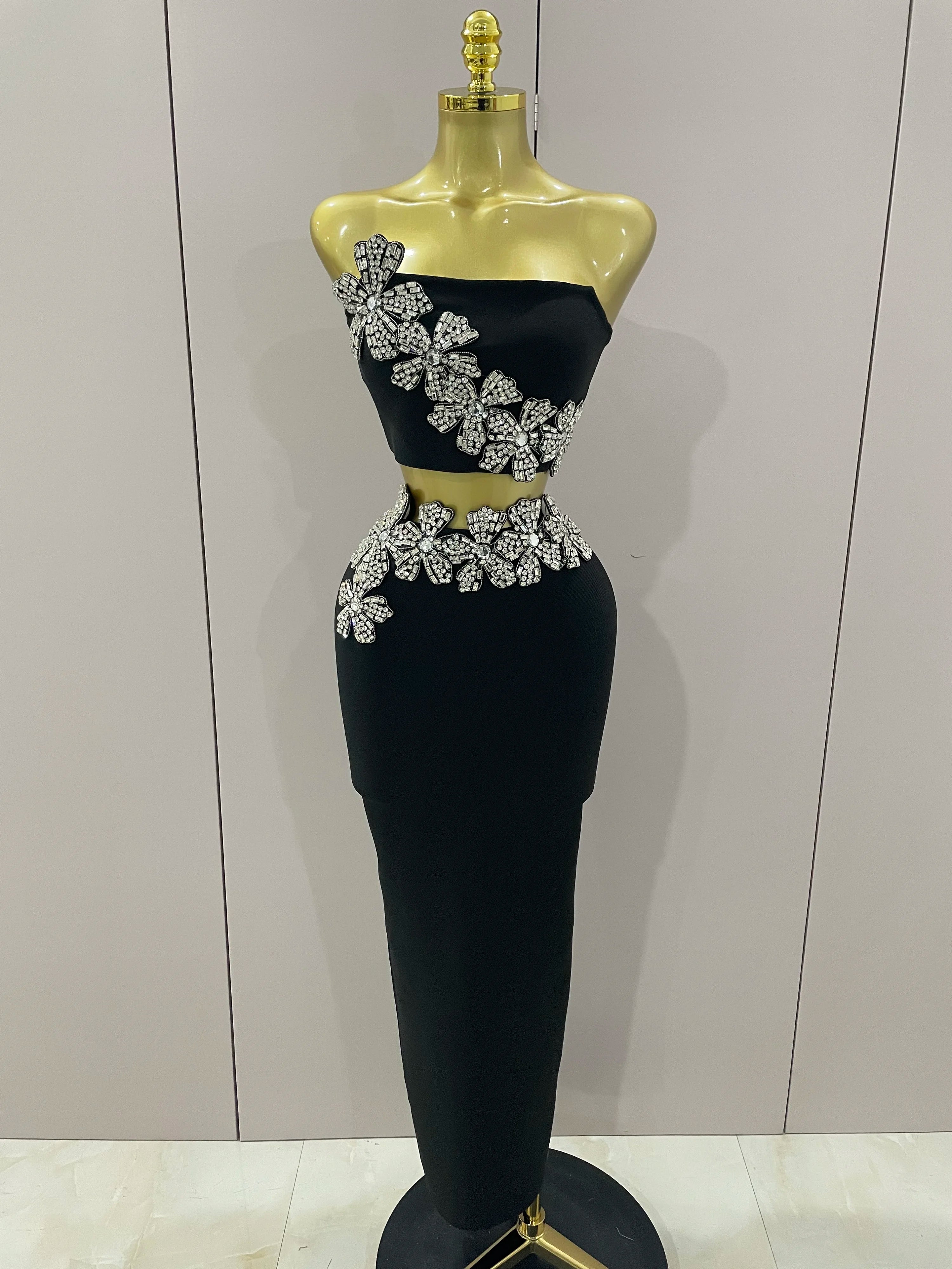 Sexy Strapless Flower Diamonds Black Maxi Long Bandage Two Piece Set 2025 Women Knitted Elegant Evening Club Party Prom Gowns