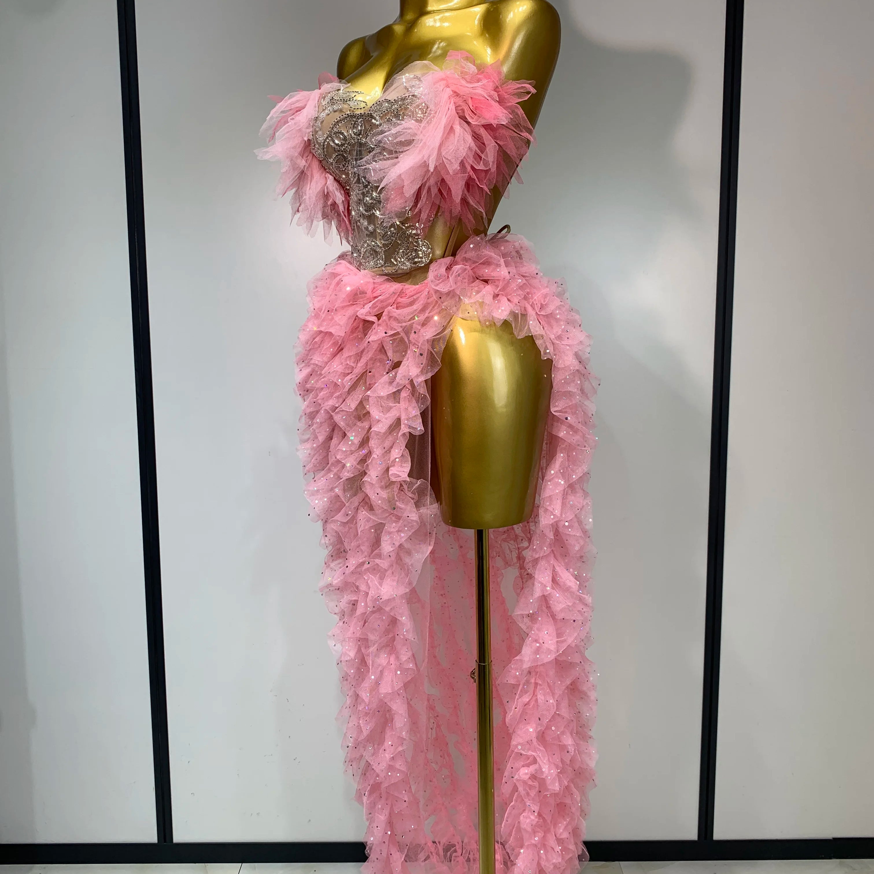 Women Sexy Strapless Ruffles two Pieces Set Bodycon Long Dress High Split Fashion Nightclub Party Birthday  Singer Stage Outfit