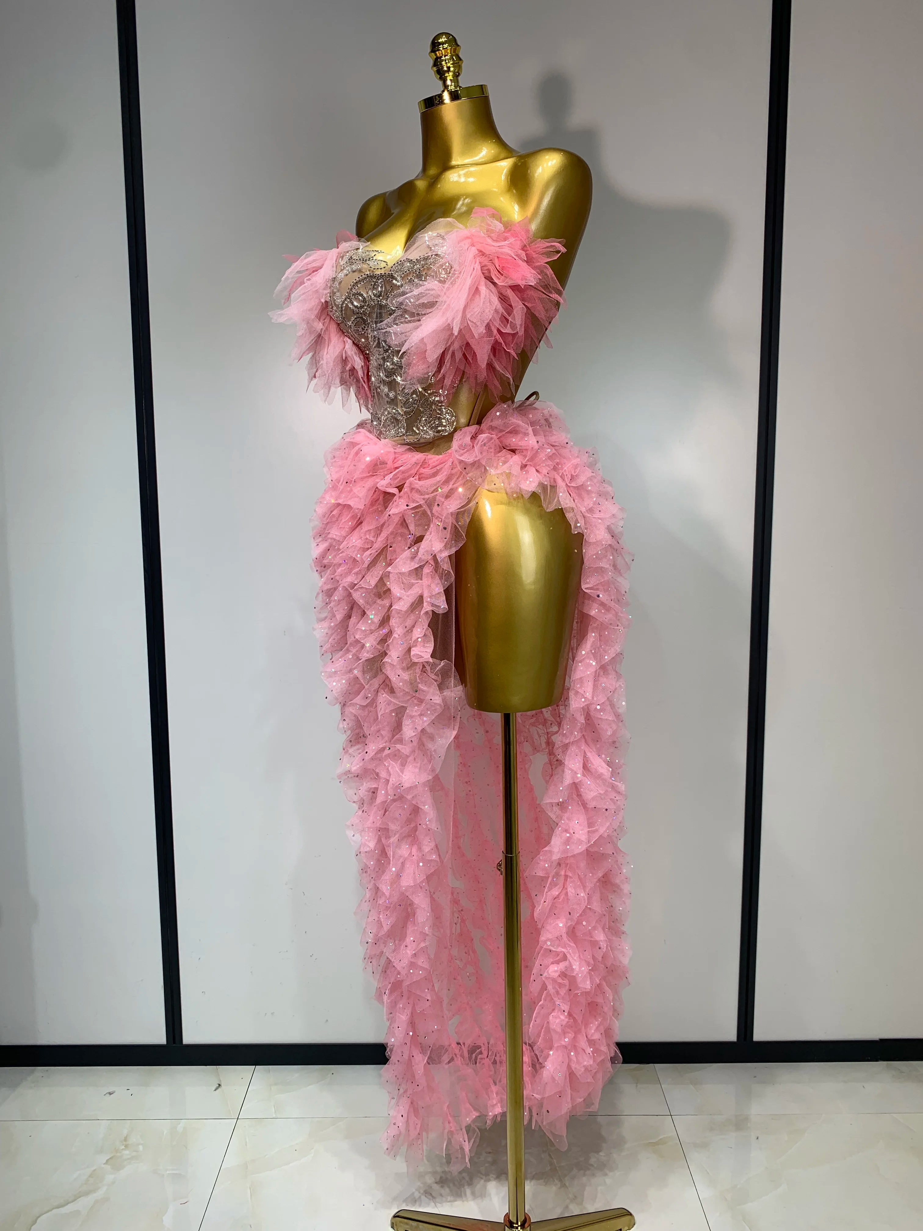 Women Sexy Strapless Ruffles two Pieces Set Bodycon Long Dress High Split Fashion Nightclub Party Birthday  Singer Stage Outfit