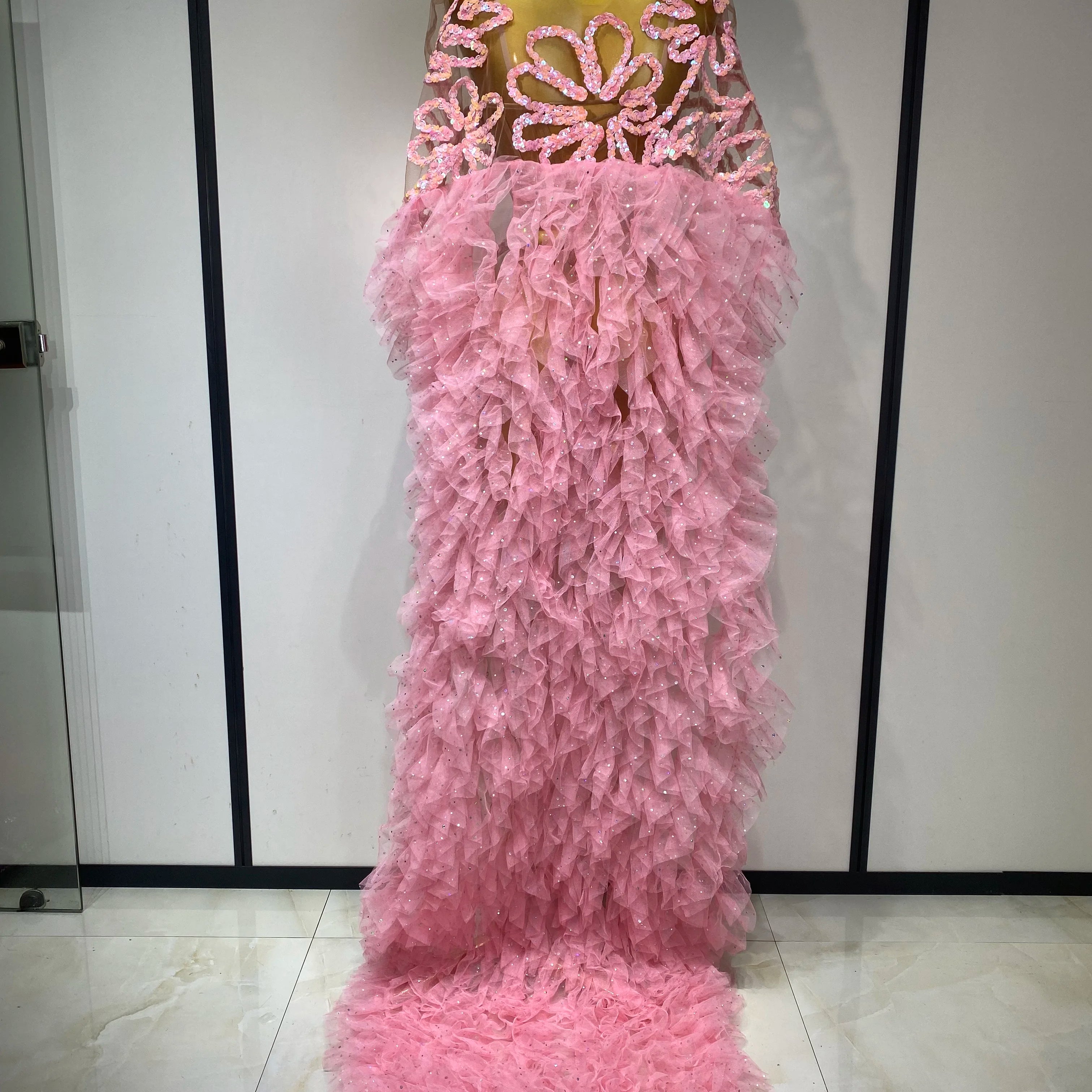 Women Sexy Mesh See Through Sequins Pink Maxi Long Dress Sparkly Sequin Evening Party Costume Stage Performance Birthday Dress