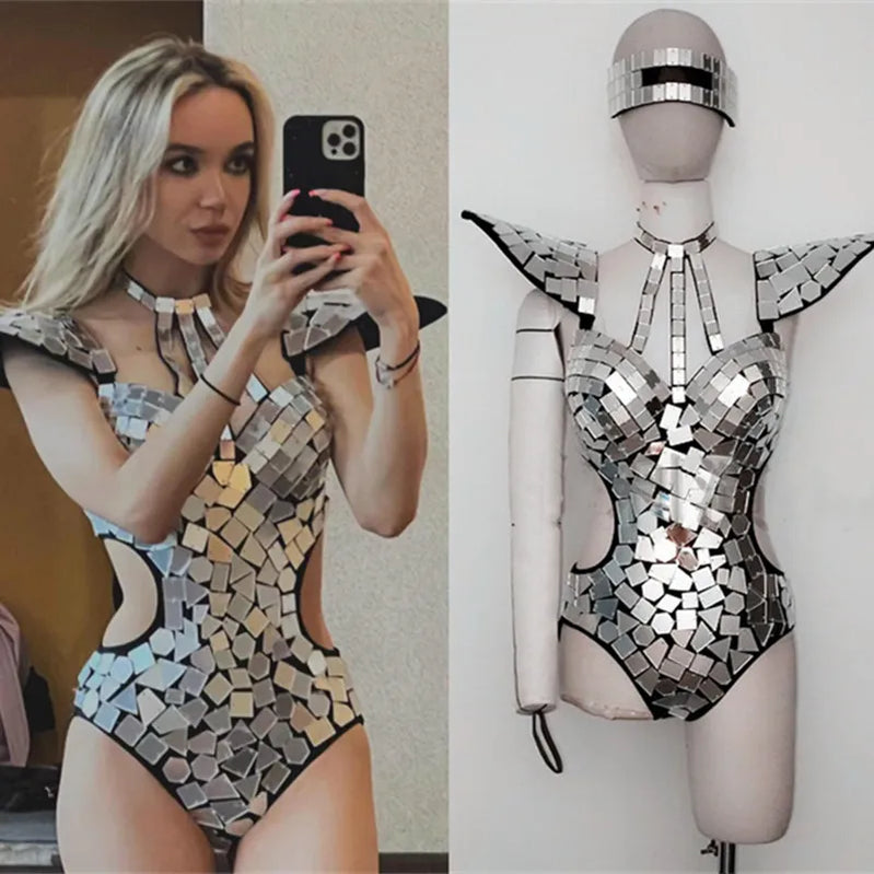 Speil bodysuit kvinner dansekostyme gull sølv paljetter flyr skulder hul ut rave antrekk scene performance klær gogo show