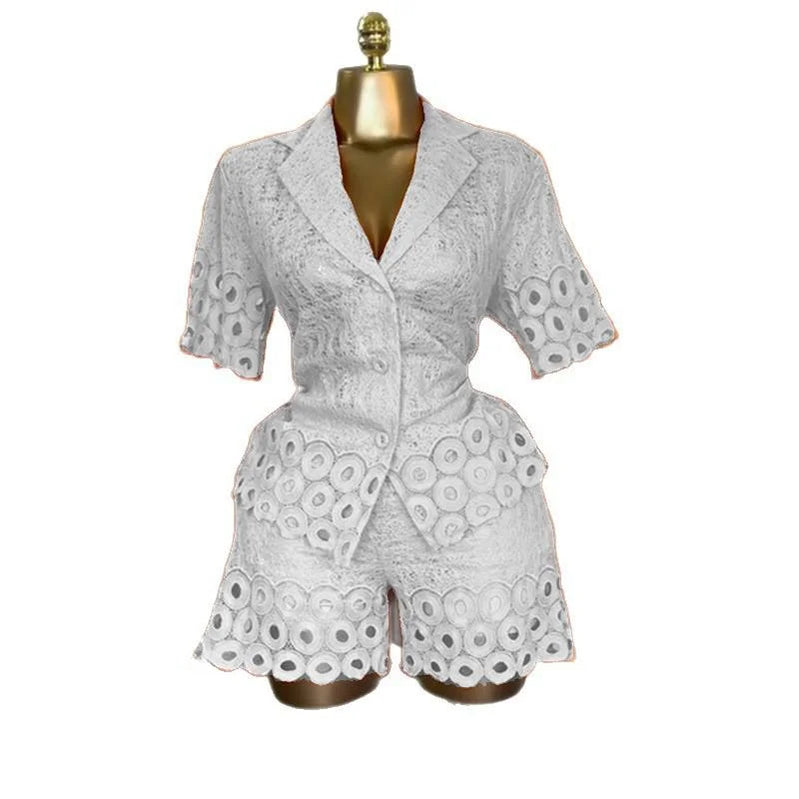 CM.YAYA Lace Embroidery Women's Set half Sleeve Shirt and Shorts Suit 2025 Street Fashion Two 2 Piece Sets Outfit Tracksuits