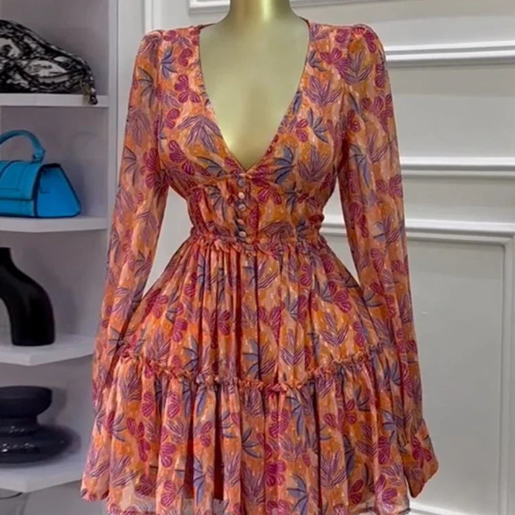 CM.YAYA Women V-neck Long Sleeve Pleated Mini Dress Sweet Elegant Floral Print Sexy Birthday Beach Night Party Vestidos Dresses