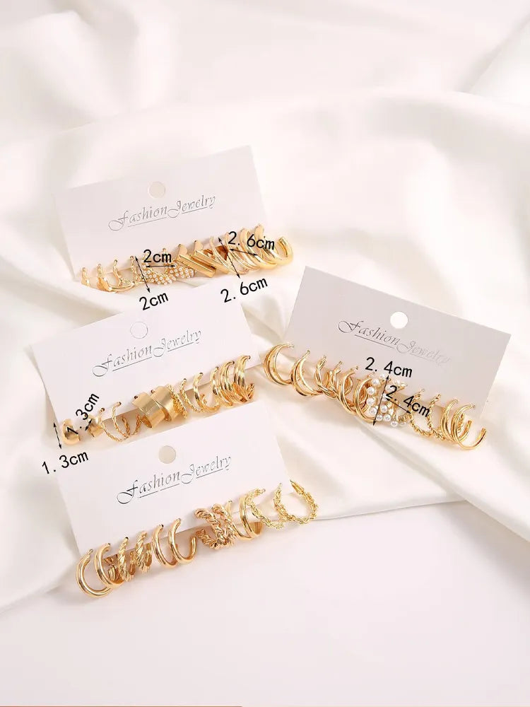 Gold Color Vintage Hoop Earrings Set for Women Boho Metal Circle Geometric Twist Pearl Dangle Earrings Trendy Jewelry Gifts