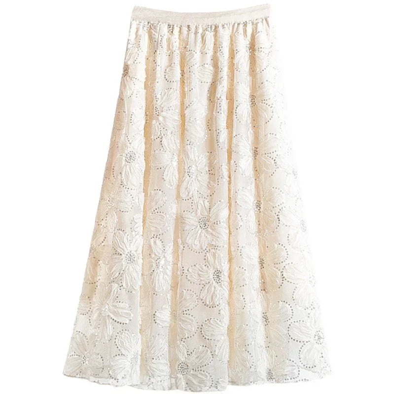 Lace Tulle Skirts New Spring A-Line Floral Embroidery Beading Shiny Sequins Mesh Tutu Skirt for Women Faldas Mujer Moda P416