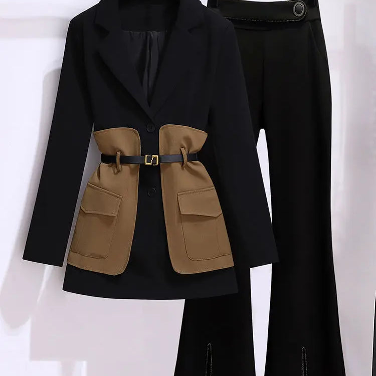 2023 Spring Belt Decorative Patchwork Jacket Blazer Casual Expansion Crying Two-piece Elegant Women Pants Suit Office Outfits 2pcs set black