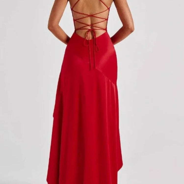 Satin Spaghetti Strap Ruffled Sexy Maxi Dress For Women Gown Red Off-shoulder Sleeveless Backless High Split Long Dress