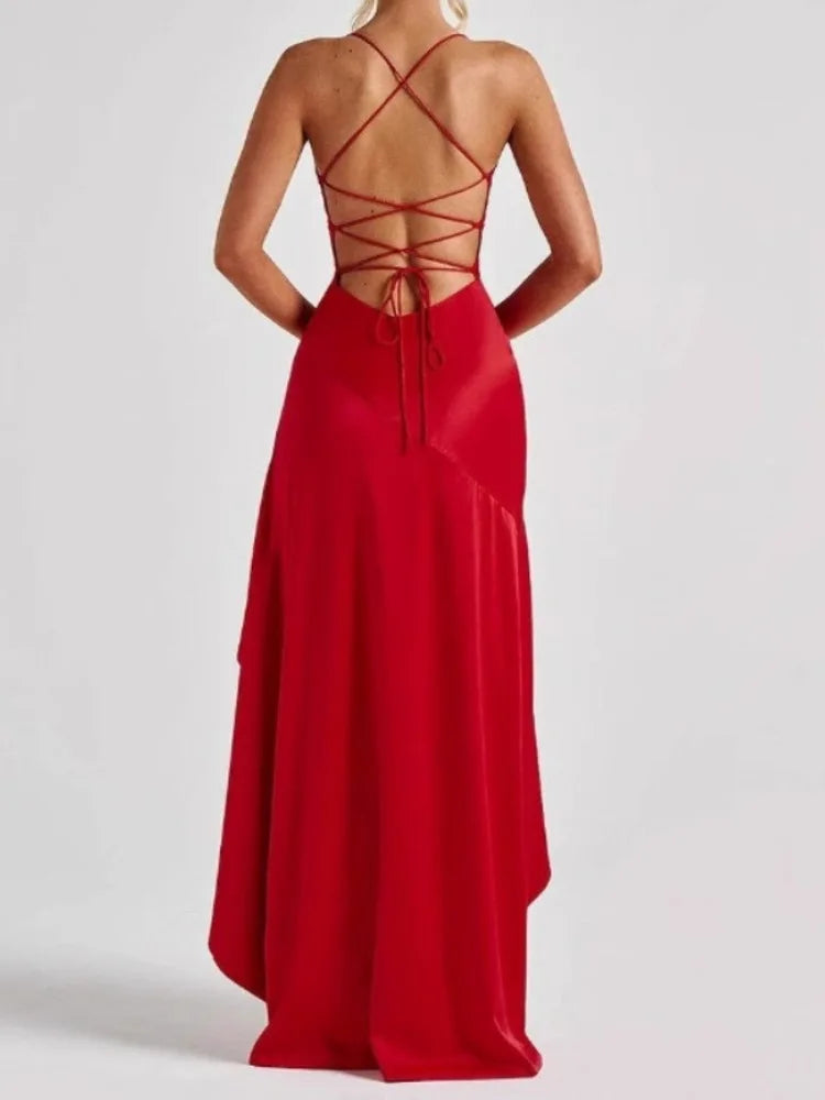 Satin Spaghetti Strap Ruffled Sexy Maxi Dress For Women Gown Red Off-shoulder Sleeveless Backless High Split Long Dress