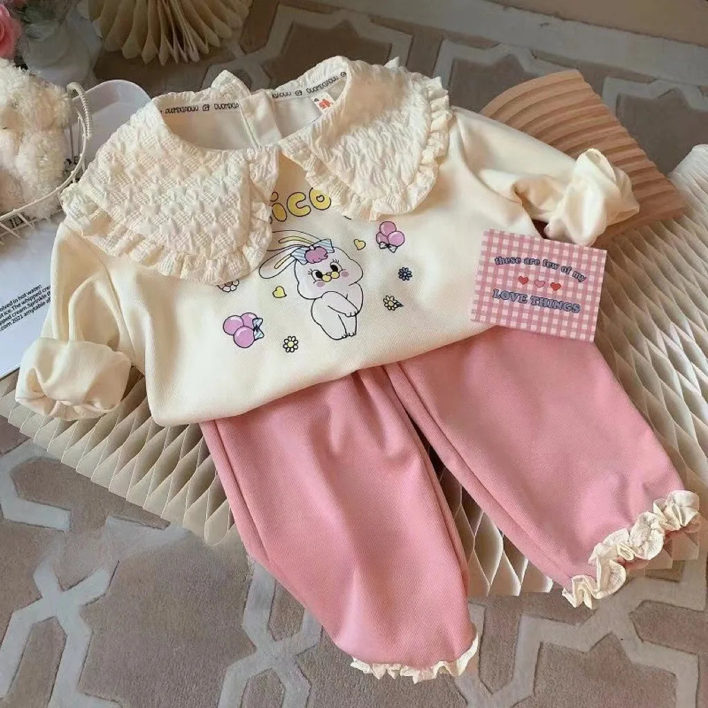 Kids Girls Clothes Sets Autumn Spring Cartoon Rabbits Girl Pullover Tops+Pants 2Pcs Fashion Children Sweatshirt Tracksuit 1-6Yrs Beige