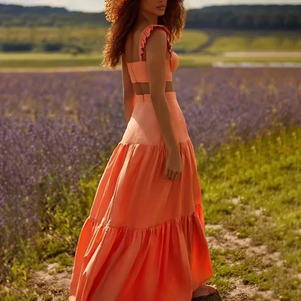 Sling Ruffle Solid Color Bikinis Beach Dress 2023 Orange Pleated Romantic French Swimsuits Women Luxury Split Swimwear Beachwear