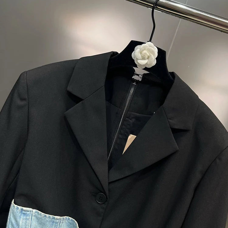 Color Patchwork Belt Casual Blazer For Women Notched Collar Long Sleeve Tunic Temperament Blazers Female Fashion Style