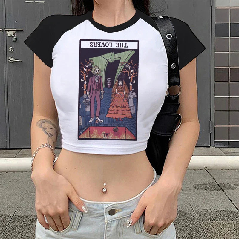 Lady Fashion Women Short Sleeve Summer Harajuku Crop Top Clothes Tshirt Female Tarot Print Cute Lovely Casual Aesthetic T-Shirt