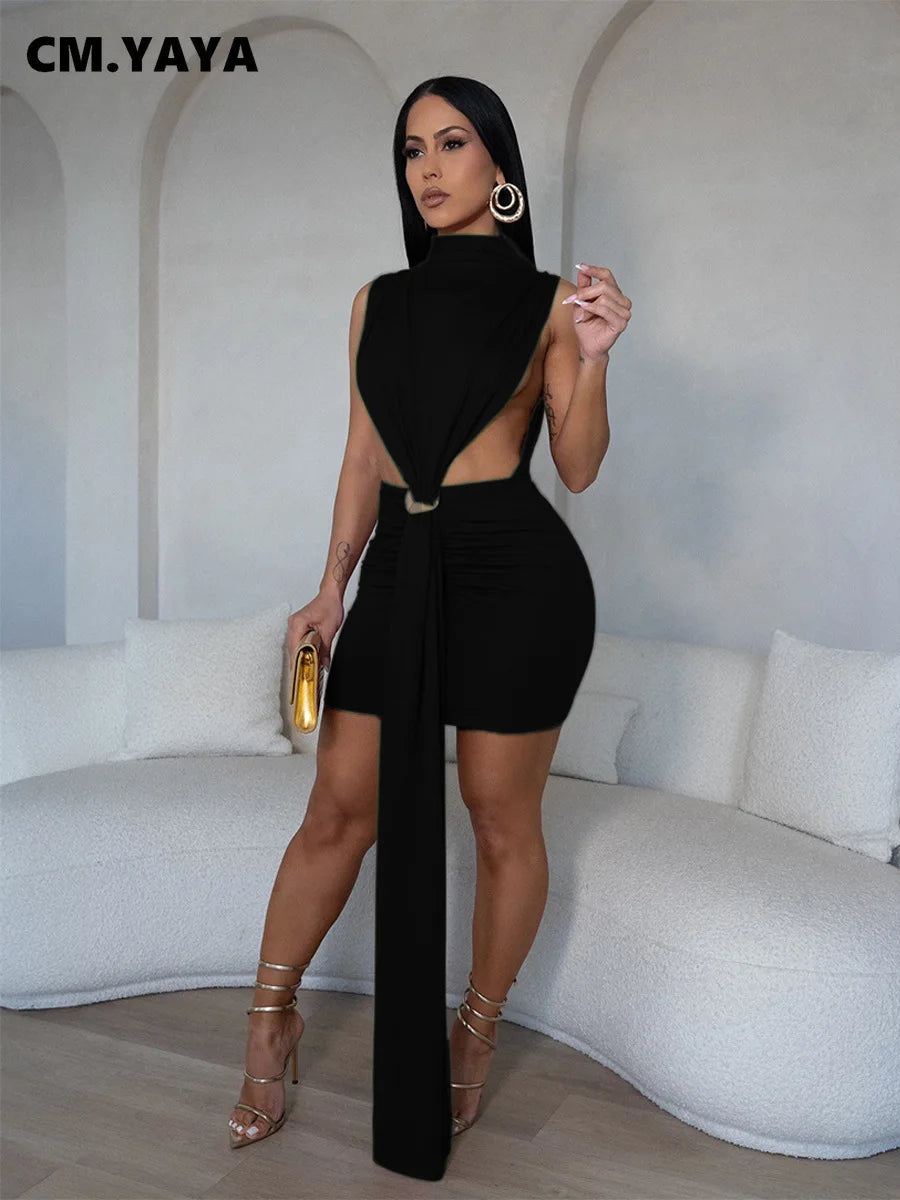 CM.YAYA Women O-neck Ruched Stacked Bodycon Midi Mini Dress 2025 Summer Birthday Evening Party Club Vestidos Sexy Chic Dresses