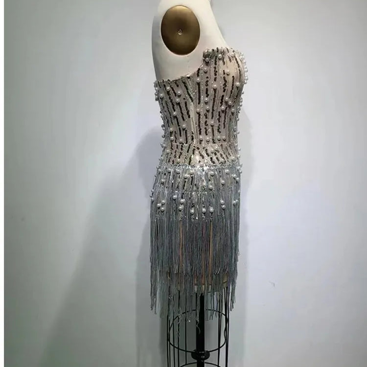 Shinning Rhinestones Peral Beading Sexy Bodycon Mini Dress Women Off the Shoulder Tassel Fashion Celebrate Birthday Party Dress