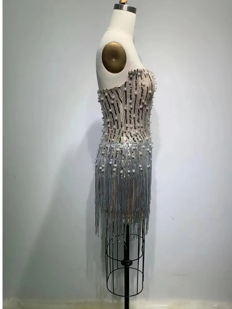 Shinning Rhinestones Peral Beading Sexy Bodycon Mini Dress Women Off the Shoulder Tassel Fashion Celebrate Birthday Party Dress