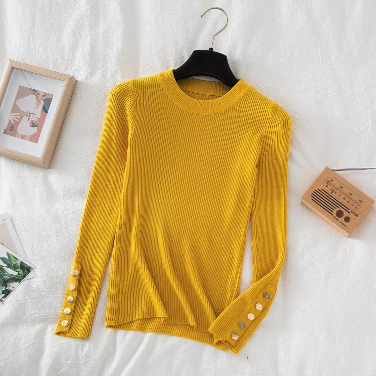 Thick Sweater Pullovers Long Sleeve Tops Women Autumn Winter Clothes Slim Knit Soft Jumper Streetwear Button Turtleneck Sweater yellow-2 One Size