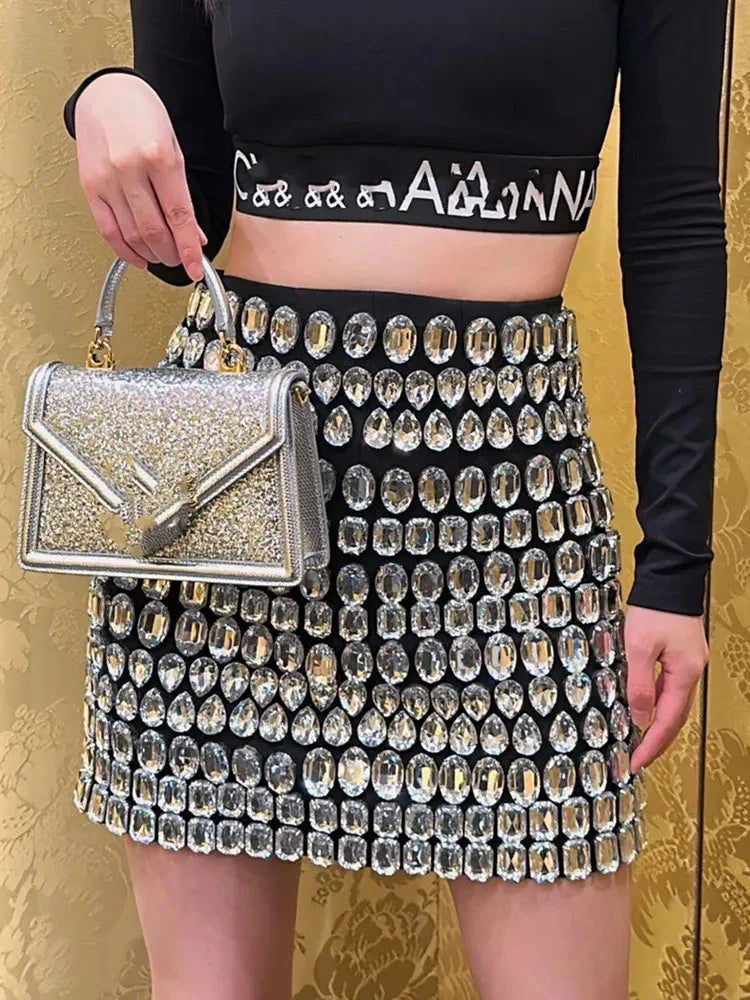 Women Celebrity Beading Rhinestone Black Mini Bodycon Bandage Skirt Designer High Waist Party Office Lady Elegant Skirt